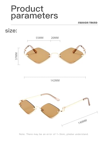 Heptagram Retro Small Metal Sunglasses for Women Irregular Half-Frame Trendy Lightweight Narrow Gold Shades UV4003