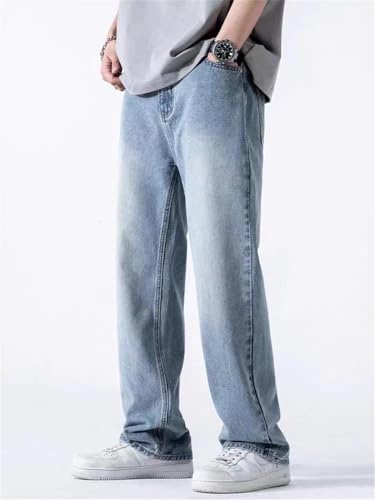 Men's Jeans Straight Denim Pants Banding Waist Cotton Wide Leg Loose Casual Blue Long Jeans Trousers2