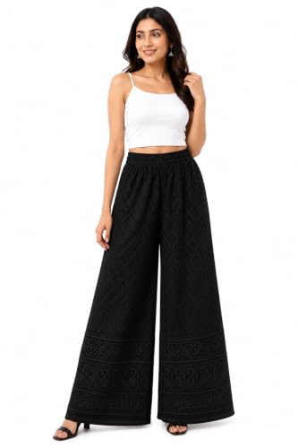 Image of Women's Premium Chicken Palazzo Pants | Wide Leg Flared Fit | Elastic Waist | Full Length Ethnic Bottom Wear | Free Size