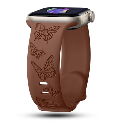 Image of Butterfly Engraved Bands Compatible with Apple Watch Band 41mm 40mm 38mm 49mm 46mm 49mm 46mm 45mm 44mm 42mm Women, Silicone Sport Strap for iWatch Series SE 10 9 8 7 6 5 4 3 2 1 SE Ultra