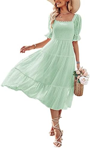 MEROKEETY Women's Chiffon Swiss Dot Summer Dress Short Lantern Sleeve Swing Midi Dress, Mint, M