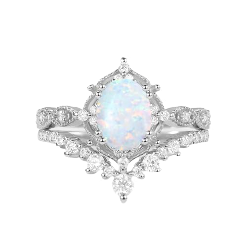 ADLSTIGH 1.5ct Oval Opal Engagement Rings for Women Genuine Opal Rings Set 925 Sterling Silver 2pcs Vintage Inspired V Shaped Wedding Band Anniversary Promise Ring Size 6.5