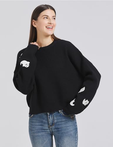 SDEER Women's Ghost Pattern Pullover Sweater Round Neck Long Sleeve Knit Top Loose Fit Halloween Sweater Tops2