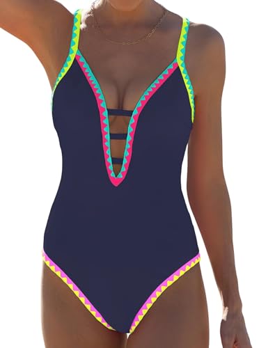 Image of popvil Women One Piece Swimsuit Deep V Neck Neon Cute Bathing Suit | Neon Contrast Trim, Adjustable Straps, Cutout, Soft Stretch Fabric, Back Tie, Quick-drying, Beach, pool, cruise vacation