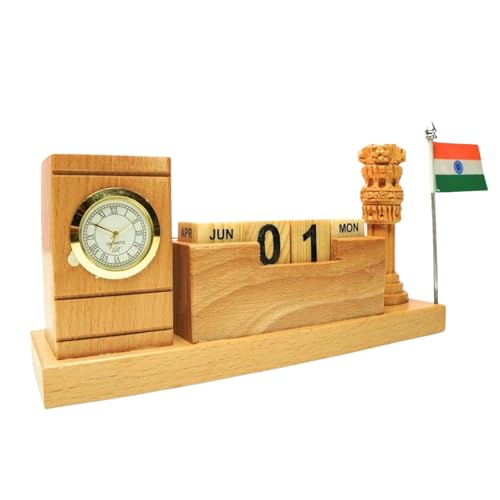 Image of Vrundavan Wood Art Wooden Desk Organizer with Pen Stand, Mobile Holder Flag Ashoka Pillar Clock & Calendar Personalized Office Accessory for IAS Advocates Corporate & Office Gifts Brown