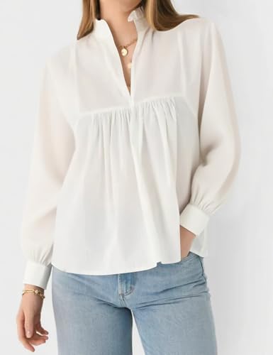 Women’s Puff Long Sleeve V Neck Blouse Peplum Pleated Babydoll Tops Fall Dressy Casual Loose Fit Shirts2