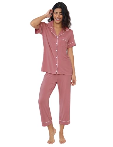 Image of Joyaria Bamboo Viscose Cooling Pajamas for Women Capri Button Front Pjs Set | Ideal for Night Sweats, Hot Sleeper Friendly, Breathable & Moisture Wicking, Short Sleeve Top