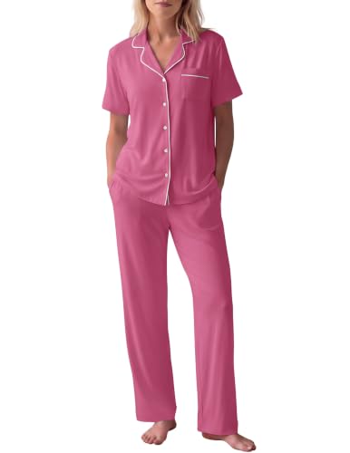Image of HNG Women Pajamas Set 2 Piece Button Up Pajamas Pant and Short Sleeve Shirt for Woman Pj Sets with Pocket