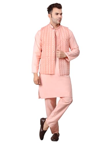 Image of Men's Cotton Silk Blend Regular Kurta Pyjama, Embroidered Nehru Jacket /Waistcoat Set