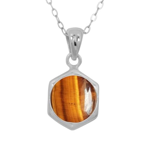 Cadeau femme collier œil de tigre naturel pendentif ovale argent 925 45cm