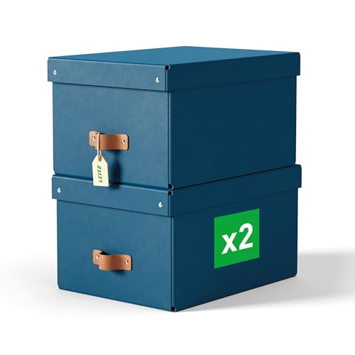 Boîtes de rangement Leitz Puro format moyen avec couvercle : 2 boîtes solides, boîtes empilables 17L pour maison, bureau (27x37x20cm, bleu), compatibles...