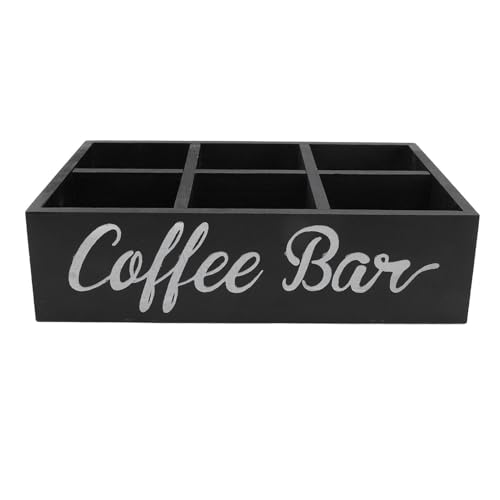 Gsycle Coffee Station Organizer, 6 Divider Wooden Coffee Tray Tea Bar Organizer Tea Caddy Cafe Pod Holder for Home Office Kitchen Countertop (Black)