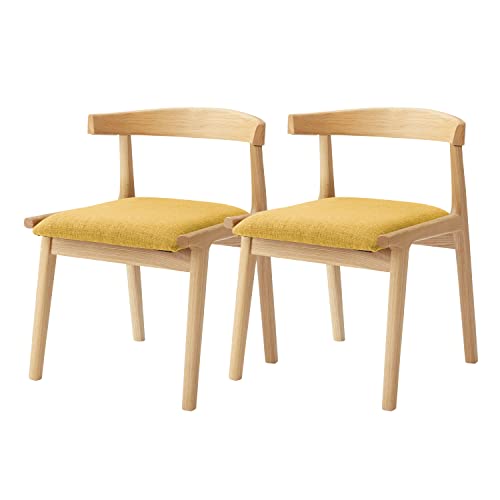 PaletteLife ダイニングチェア 2脚セット チェアー 椅子 イス おしゃれ 北欧 木製 木脚 ナチュラル脚 完成品 布 ファブリック アームレス 引っ掛け ルンバブル 黄色 イエロー
