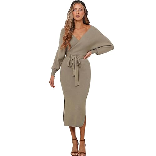 Robe pull à manches longues avec jupe plissée cuir kaki L
