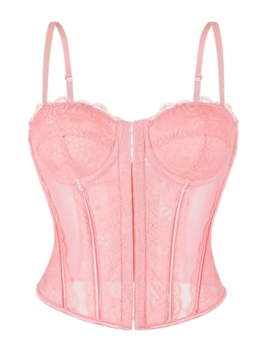 Image of Wikoan Women's Lace Corset Top Mesh Spaghetti Bustier Crop Tops Pink,S