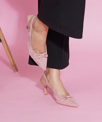 Image of JM LOOKS Women's Sophisticated Pointed Toe Slingback Kitten Heels with Metallic Buckle Accent for Professional and Evening Elegance