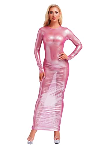 inlzdz Damen Glänzend Bodycon Kleid Langarm Bleistiftkleid Strandkleid Durchsichtig Maxi Lang Spmmer Party Club Outfit Rosa XXL