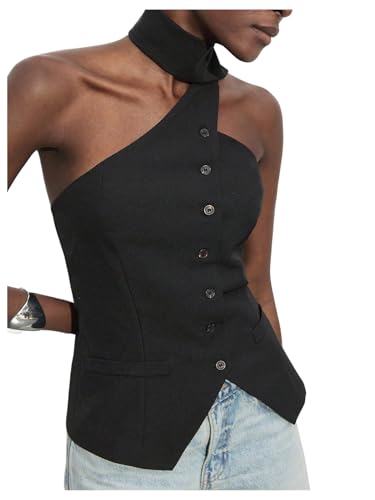 MakeMeChic Women's Backless Halter Tops Button Down Sleeveless Vest with Scarf