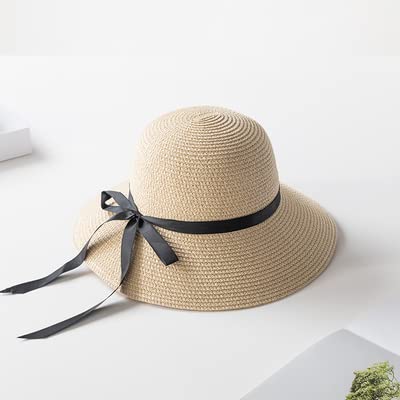 ZFLL-Sun-HatSummer-Hats-for-Women-with-Ribbon-Bow-Straw-Hat-Sun-Beach-Hat-Ladies-Folding-Bucket-Hats-Panama-Cap-Sunhat-Windproof-Rope-55-58cm-Beige