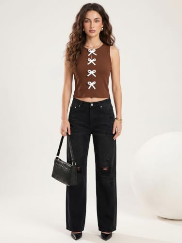 Image of Selvia Ribbed Bow Detail Sleeveless Crop Tops for Women Western