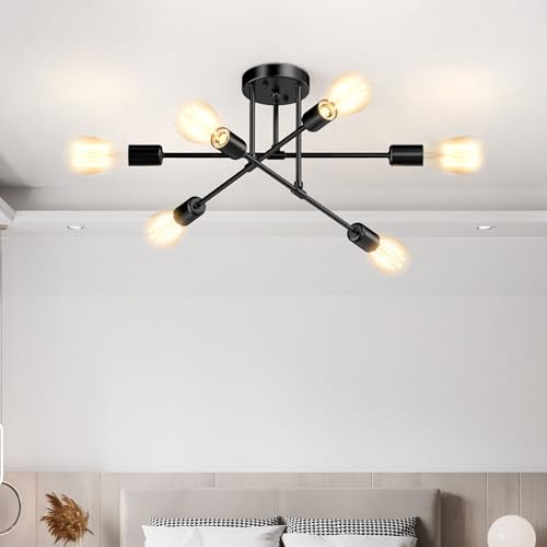 Phaosio Sputnik Chandelier 6-Light Black, Modern Semi Flush Mount Ceiling