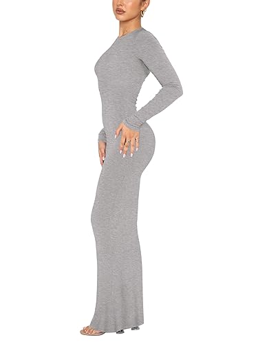 Image of REORIA Women's Sexy Crew Neck Lounge Long Dress Elegant Long Sleeve Ribbed Bodycon Maxi Dresses