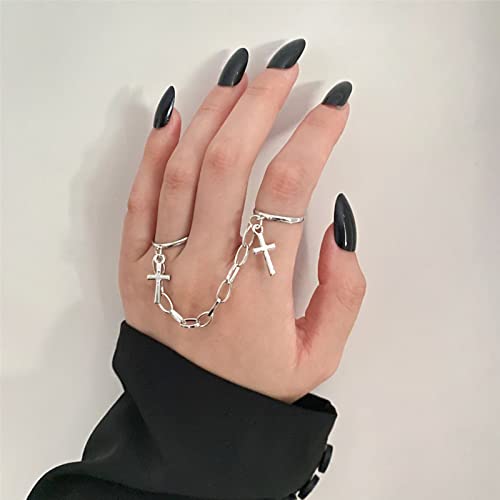 Ifkm Vintage Silver Chain Finger Rings Bracelet, Gothic Punk Emo Cross Cool Simple Rings, Adjustable Statement Stackable Rings For Boy Girls Wen Women #TOP4