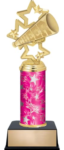 11" Cheer Megaphone Trophies - Custom Engraved Cheer Pink and Silver Star Column Trophy Awards