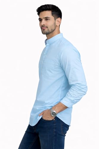 Image of Men's Cotton Kurta, Mandarin Collar Short Kurta, Long Sleeve Casual Shirt for Summer