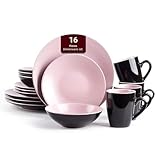 HomeVss Stoneware Two-Tone Colors Life 16pc Dinner Set，Outside Shiny Black + Inside Matte Glaze Rose