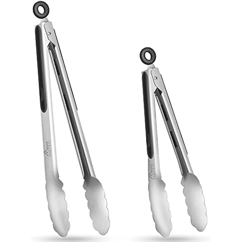 HOTEC Stainless Steel Kitchen Tongs Set of 2-9" and 12", Locking Metal Food Tongs Non-Slip Grip Cover