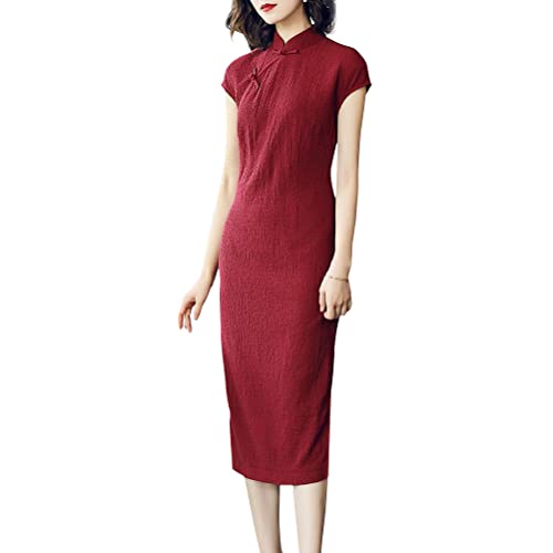 Women's Vintage Cheongsam Costume Short Sleeve Mandarin Collar Chinese Traditional Side Slit Qipao Bodycon Dress (02-Red, L)