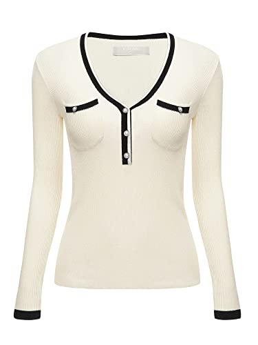 Women's 2024 Fall Sweater Top V Neck Long Sleeve Casual Ribbed Knit Tee Tops