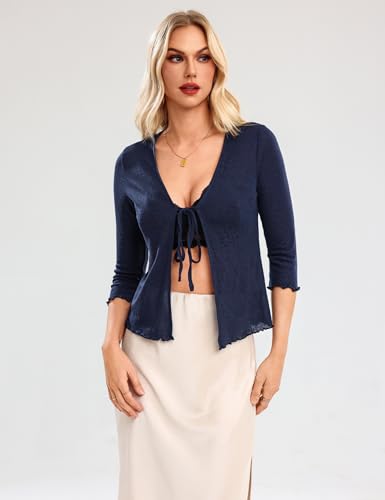 Image of Aiboria Womens 3 /4 Sleeve Shrug Lightweight Bolero Tie Front Cropped Cardigan Navy Blue