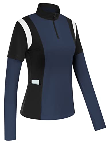Women's Horse Riding Polo Shirts Zipper Fake 2 Layers Long Sleeve with Pocket Faus Tops Active Wear(Dark Blue,L)