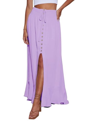 Image of Minclouse Women's Elastic Tie Waist Button Down Maxi Skirts Casual Loose Flowy Swing Slit Front Dress