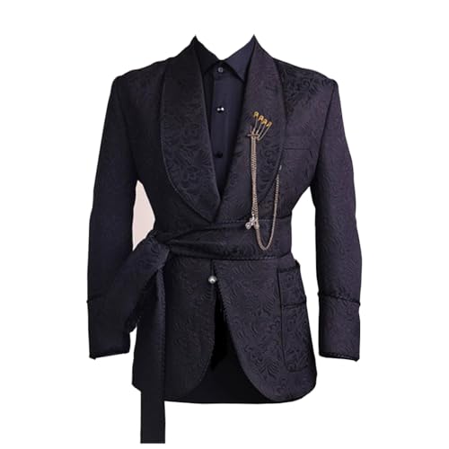 Premium Paisley Black Floral Slim Fit Tuxedo Prom Wedding Groom Suits Blazers Jacket Coat with Belt