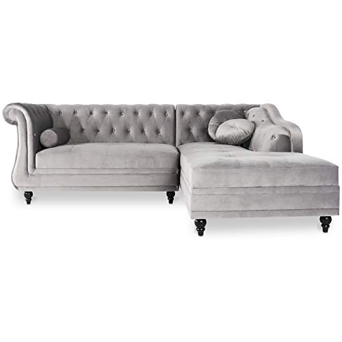 INTENSE DECO Canapé d'angle Droit Empire Velours Argent Style Chesterfield
