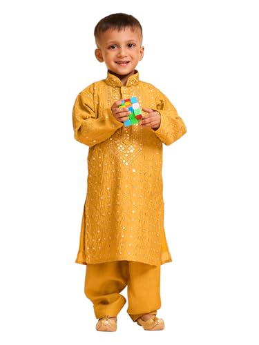 Kurta pyjama brodé en viscose Manyavar pour garçon | Élégance festive