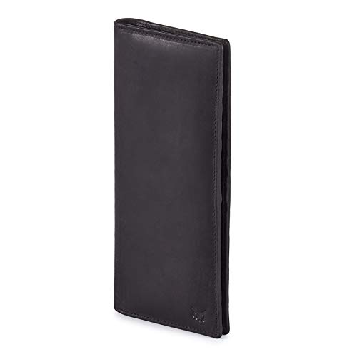 Image of Long Wallet for Men Women Real Leather Bifold RFID Stylish Slim Handmade 2 ID Window Credit Card Holder in Gift Box (Black, Crazy Horse)
