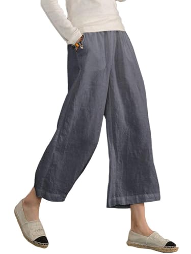 Womens Cotton Cropped Pants Loose Fit Wide Leg Capri Casual Plus Size Elastic Waist Trousers Gray 2XL