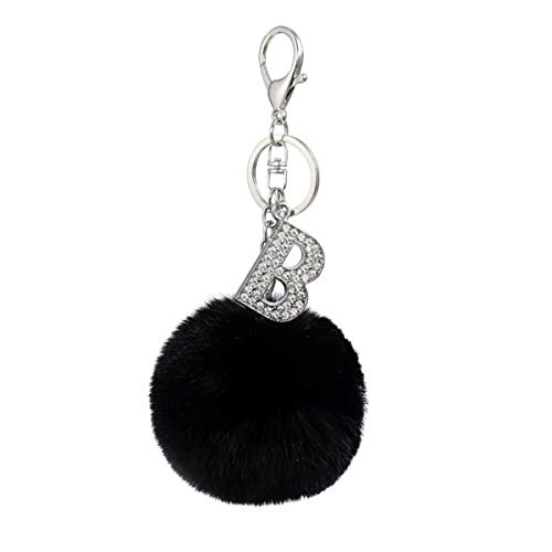 Czsycdsf Crystal Initial Letter A-Z Puff Fur Ball Keychain, Black Pom Pom Keyrings Soft Faux Rabbit Fur Balls Key Chain Fluffy Keyrings Car Keyring Pendant Artificial Fur Ball Key Ring Accessory, B