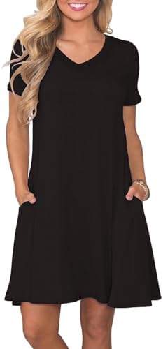 COSSEN Summer Dresses for Women Black Small Casual T Shirt Dress V-Neck Short Sleeves Birthday Party Summer Travel Beach Sundress with Pocket