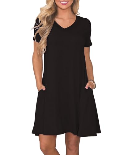 Image of COSSEN Women's Casual T Shirt Dress V-Neck Short Sleeves Swing Dresses Birthday Party Summer Travel Beach with Pocket