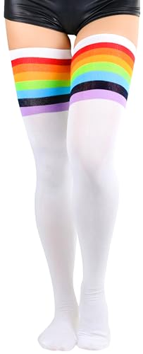 Image of ToBeInStyle Women's Bright Vibrant Rainbow Striped Thigh High Rave Stockings