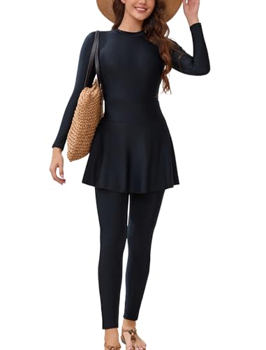OBEEII Women Swimsuit + Skirt + Pants One Piece Rash Guard Bathing Suit Long Sleeve Surfing Swimming Suit Summer Beachwear
