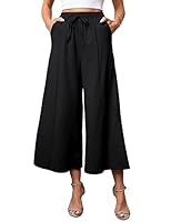 KTILG Women Linen Pants Palazzo Wide-Leg Drawstring Casual Loose Crop Elastic Waist Cotton Beach Pants Culottes Trousers, Black, Large