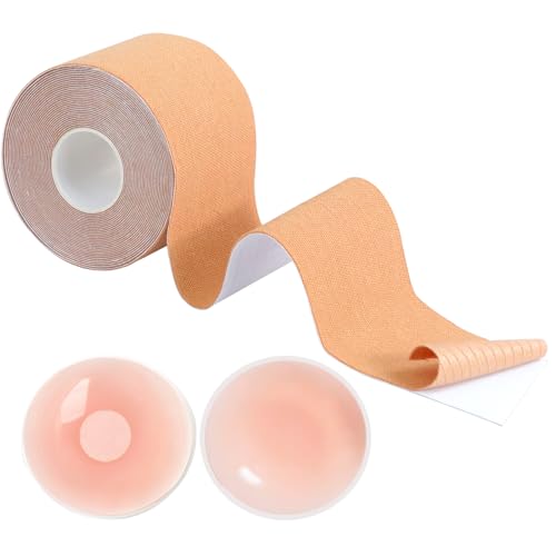 Hanyousheng Cinta Adhesiva Pecho, Boob Tape, Cinta de Levantamiento de Senos, con 1 Pares de Cubre Pezones, Cinta Pecho Adhesiva Elástica 5 cmx5 m, Adecuado para la Piel, para Copa A-E