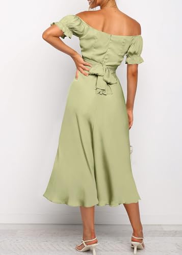 Image of KIRUNDO Women's Satin Summer Wedding Guest Cocktail Dress | 2026 Spring Fall Party Midi Dress, Silky, Elegant Off Shoulder Short Sleeve, Ruffle Mermaid Hem, Wrap Prom Formal Outfits