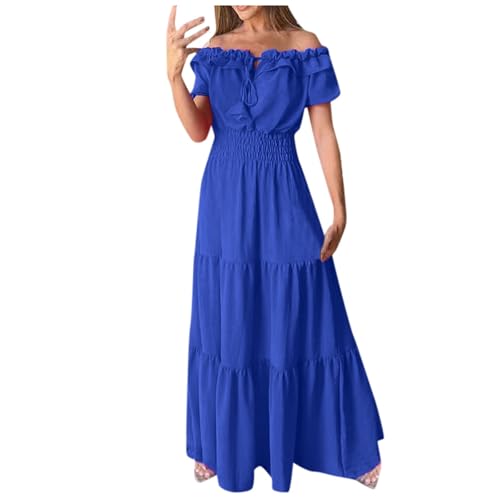 Fashion Solid Color Ruffled Off Shoulder Puff Sleeve Maxi Dress for Women  Plus Size Dresses Lace with Sleeves (Blue, S) at Amazon Women's Clothing  store